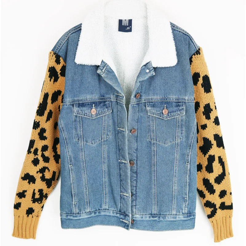 

New Winter Female Lambswool Jeans Jackets Coat Double Pockets Leopard Wide Warm Blue Thicken Denim Women Jacket Outwear C77350A