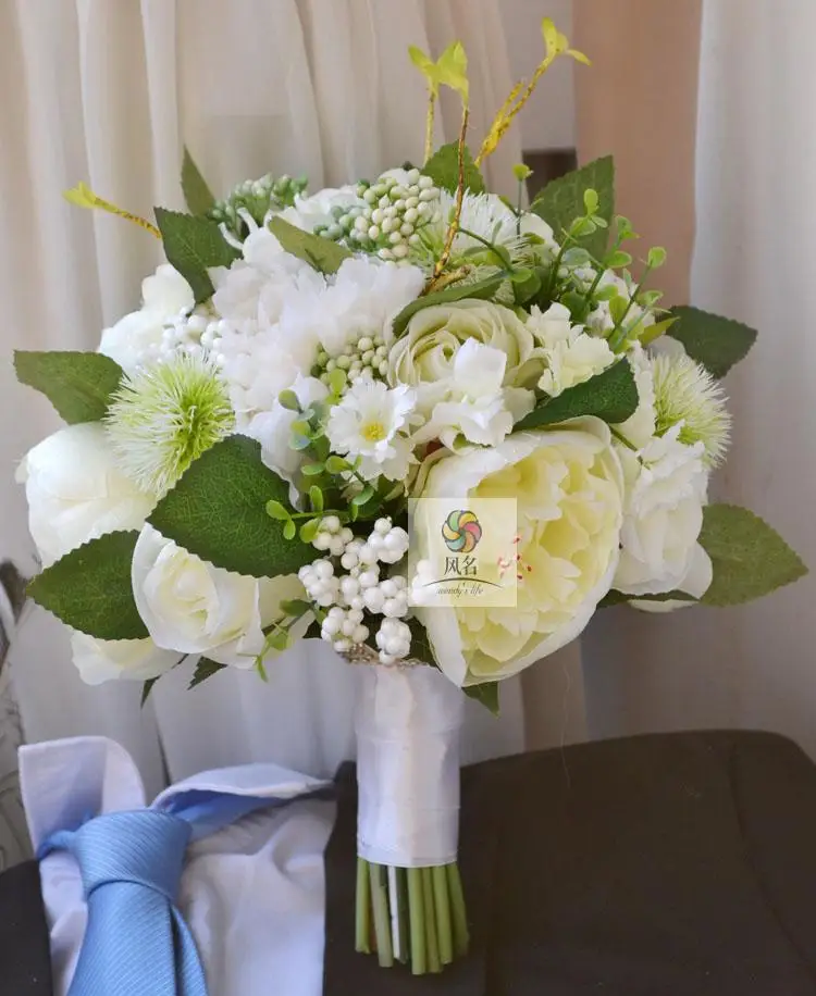 

Handmade artificial flower wedding flower bride holding flowers green and white peony rose