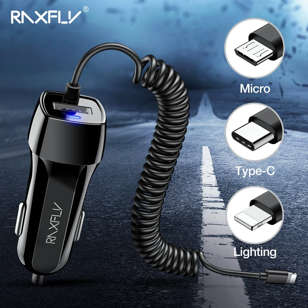 RAXFLY المزدوج USB شاحن سيارة سيارة-شاحن آيفون XS ماكس الهاتف محول للشحن المصغّر USB نوع C لسامسونج Xiaomi Redmi ملاحظة 7