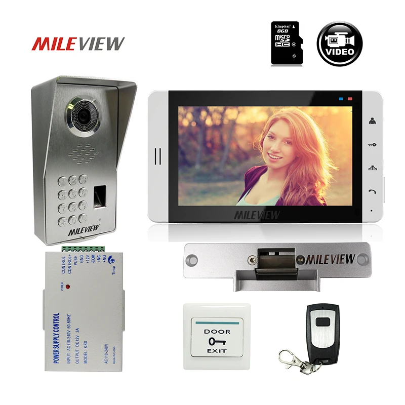 

FREE SHIPPING 7" LCD Monitor Record Video Intercom Door Phone System + Fingerprint Code Keypad Unlock Door Camera Strike E-Lock