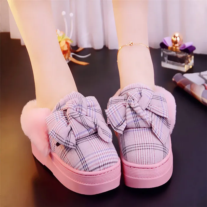 SWYIVY Woman Home Leisure Shoes Platform Winter Warm Anti Slipper Snow Boots Bow Plaid 2018 Fur Comfortable Slipper Shoes