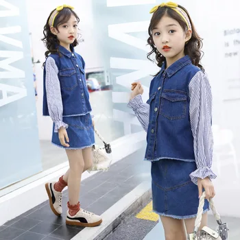 

girls outfits denim blouse +skirt 2 pieces clothing sets children 2019 spring