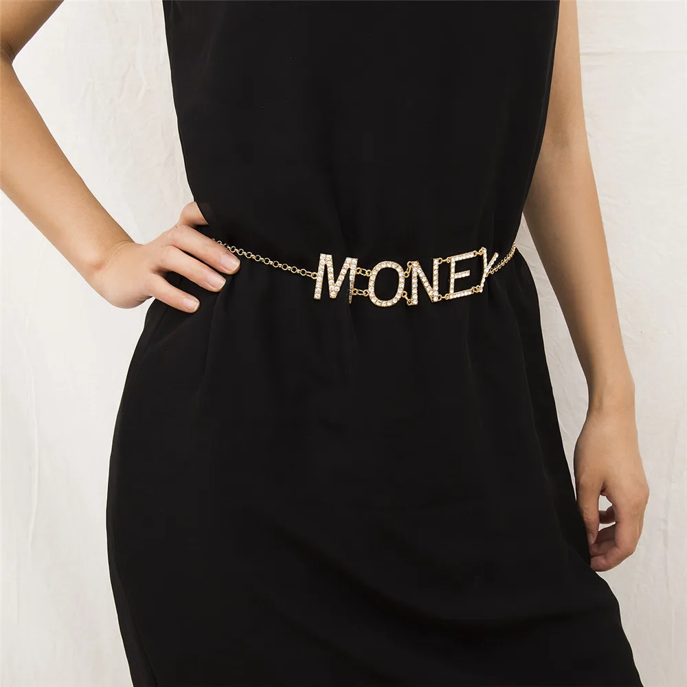 

bls-miracle Fashion Crystal Jewelrys Belt Body Chains For Women Bohemia Gold Silver Letters MONEY Waist Chain Party Gift Jewelry