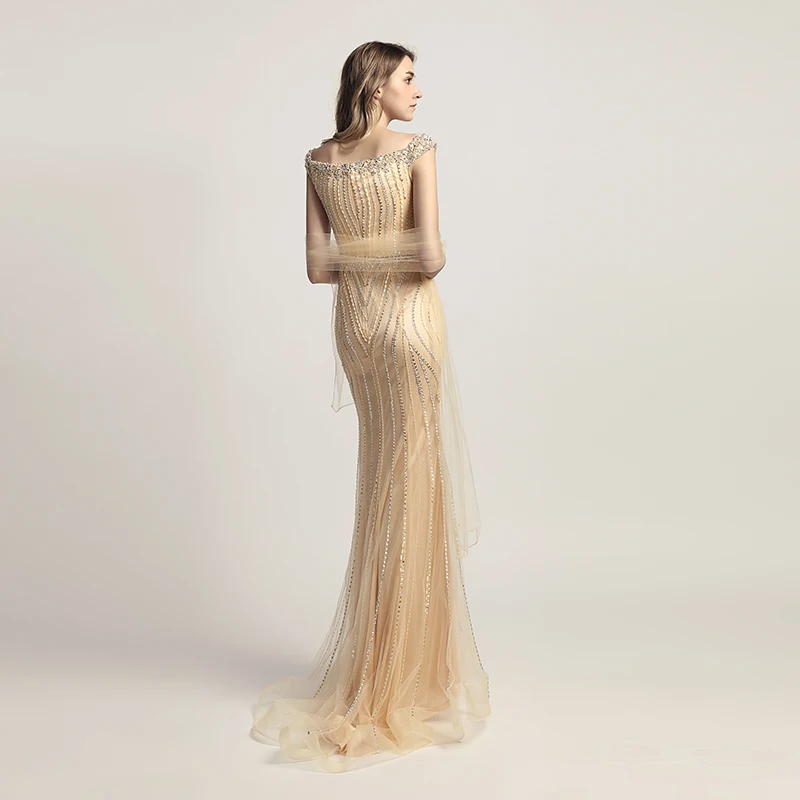 Плюс размер шикарное вечернее женское платье Русалка Тюль Кристалл Элегантный для женщин лодочка шеи выпускное платье Формальные Вечерние платья OL469