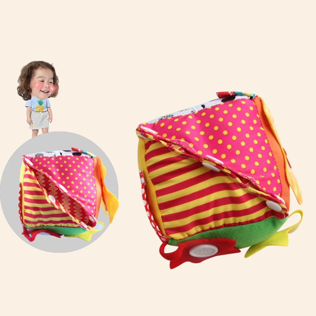Educational Basic Life Skills Baby Toddler Learn to Dress - 6 in One Crinkle Cloth Cube Toy - Zip Snap Button Tie Puzzle
