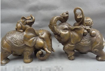 

ymying 1025+++++++8" Chinese Bronze Copper Wealth YuanBao Fu Gourd Elephant Family Statue Pair