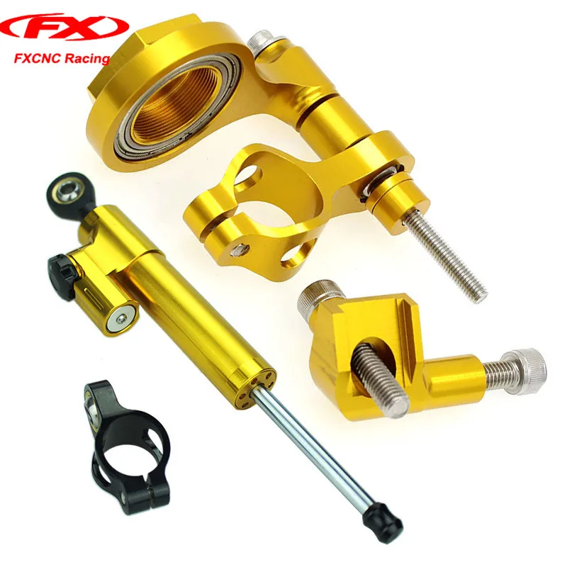 FXCNC Gold Motorcycle Steering Damper Mounting Stabilizer with Brackets for Yamaha YZF R6 2006