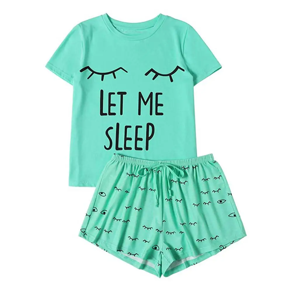 

2019 Womens Pajamas Women Set Casual Shorts Short Sleeve Print Cotton T-Shirt Sleepwear Nightwear Set pyjama femme pijama mujer