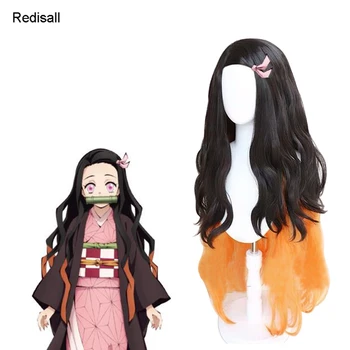 

Kamado Nezuko Cosplay Wig Blade of Demon Slayer Kimetsu no Yaiba Halloween Anime 100cm Long Curly Hair Mixed Black Orange