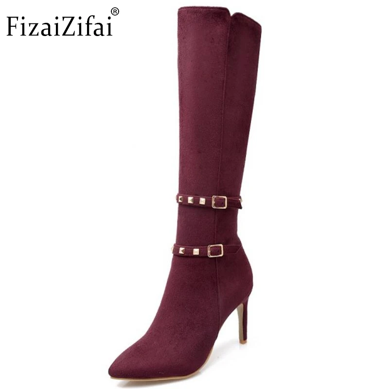 

Women Sexy Pointed Toe Thin High Heel Knee Boots Woman Fashion Buckle Wrap Rivets Heeled Footwear Shoes Size 31-43