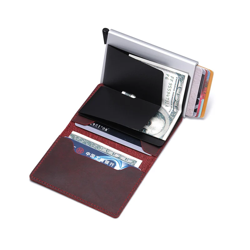 

Men Aluminum Wallet With Back Pocket ID Card Holder RFID Blocking Metal Wallet Automatic Pop up Credit Card Coin Leather Purse