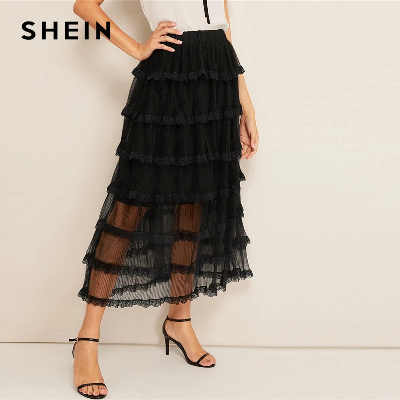 

SHEIN Black Lace Trim Layered Sheer Mesh Overlay Skirts Womens Summer Mid Waist A Line Shift Solid Elegant Party Long Skirt