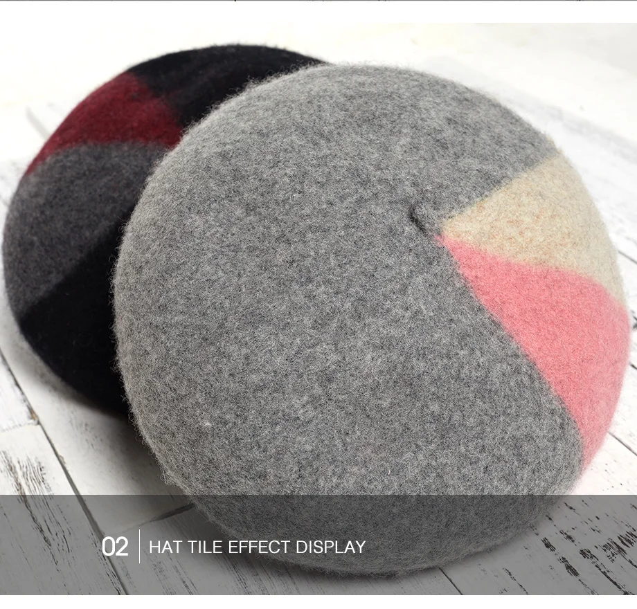 Winter Beret Female 2018 New 100% Cashmere Hats For Women Flat Cap Wool Knit Hats Lady Three-color Patchwork Berets Painter Hat  (16)