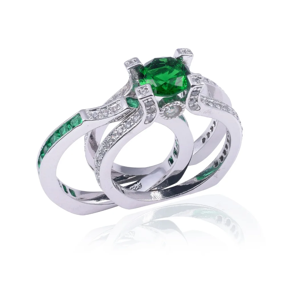 Jeulias Fashion Princess-cut Green Gemstone Ring for Women Engagement Double Rings set 925 Sterling Silver Birthstone Jewelry