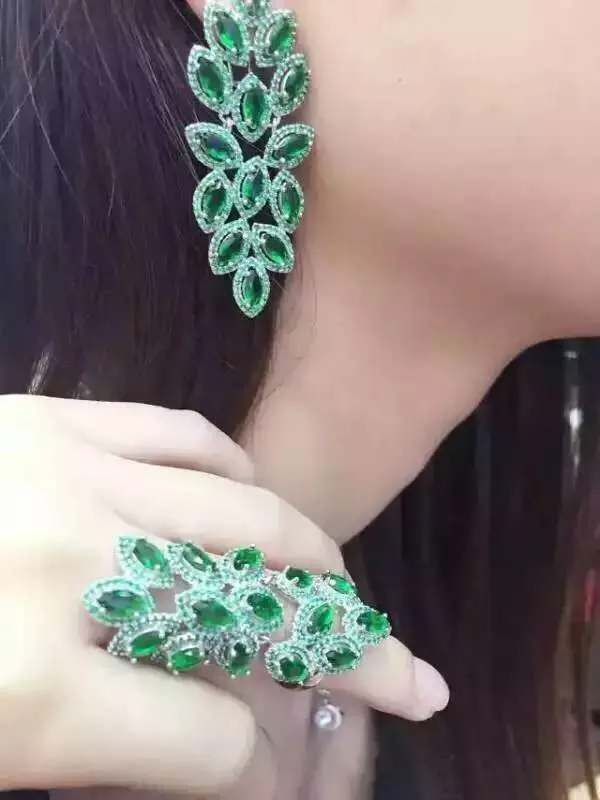 Designer Fashion 925 Sterling Silver Jewelry Platinum Plated 3A Cubic Zirconia Party Earring Ring Set