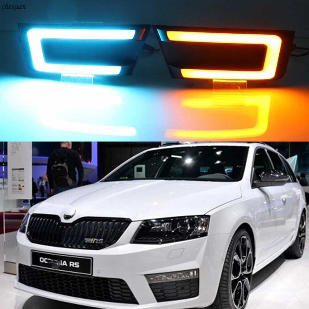 

CSCSNL 1 set 12V ABS LED DRL Daytime Running Lights With turnning yellow signal Lamp For Skoda Octavia RS A7 2016 2017