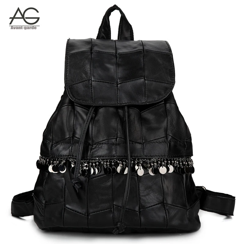 2016 New Arrival Fashion Black 100% Genuine Leather women Backpack Casual Sheepskin Daily ...