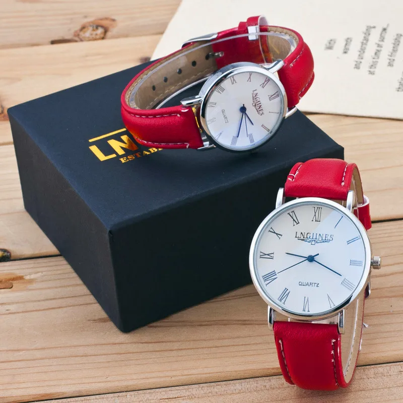 

2pc Fashion Couple Watches Popular Woman Man Casual Leather Quartz Watch And Box Minimalism Lover's Gift Clock Student Clock