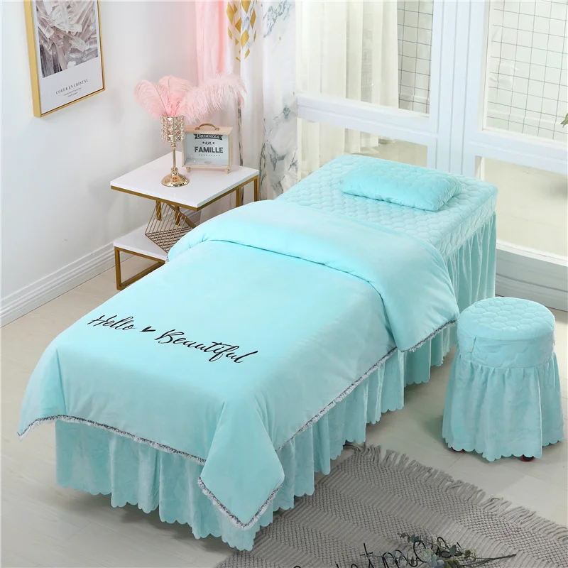 Beauty Salon Bedding Sets Coral Fleece Crystal Velvet Embroidery Bed Skirt Duvet Cover Pillowcase Bedspread High Quality Set#s