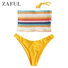 ZAFUL Smocked Bikini Set Bandeau Swimwear Women Swimsuit Shirred Sexy Low Waist Strapless Colorful Bathing Suit Striped Bikinis button up shirred waist striped dress