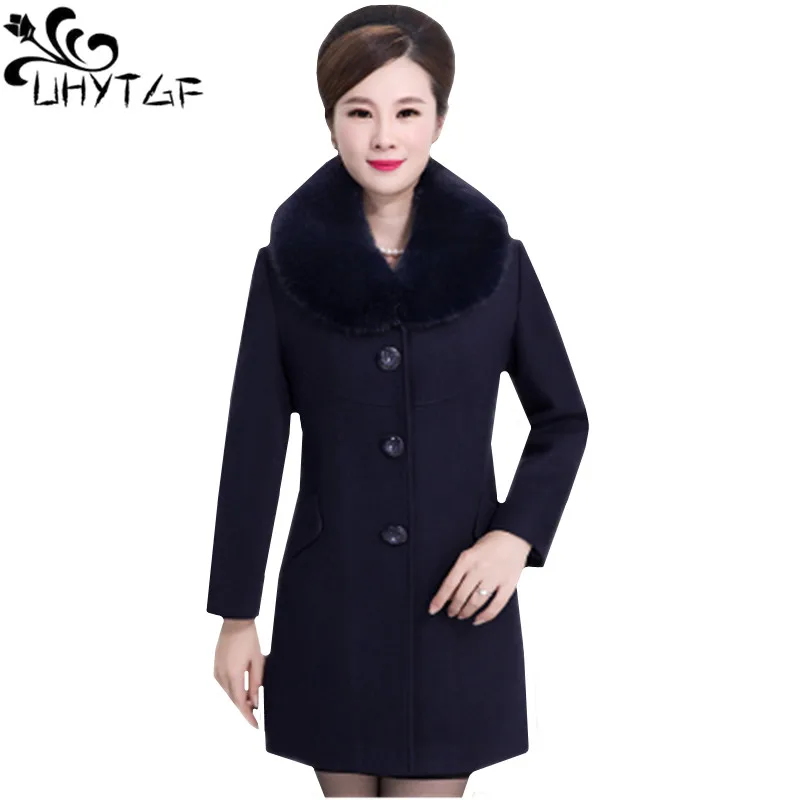 ##BUY UHYTGF L 5XL Plus size Wool jacket Women Fashion Fur collar Thicken winter woolen coat Single breasted loose female Outerwear122
