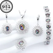 Натуральный магический Радужный Цирконий Серебро 925 комплект ювелирных изделий Браслеты, подвесные колье серьги кольца набор ювелирных изделий Подарочная коробка