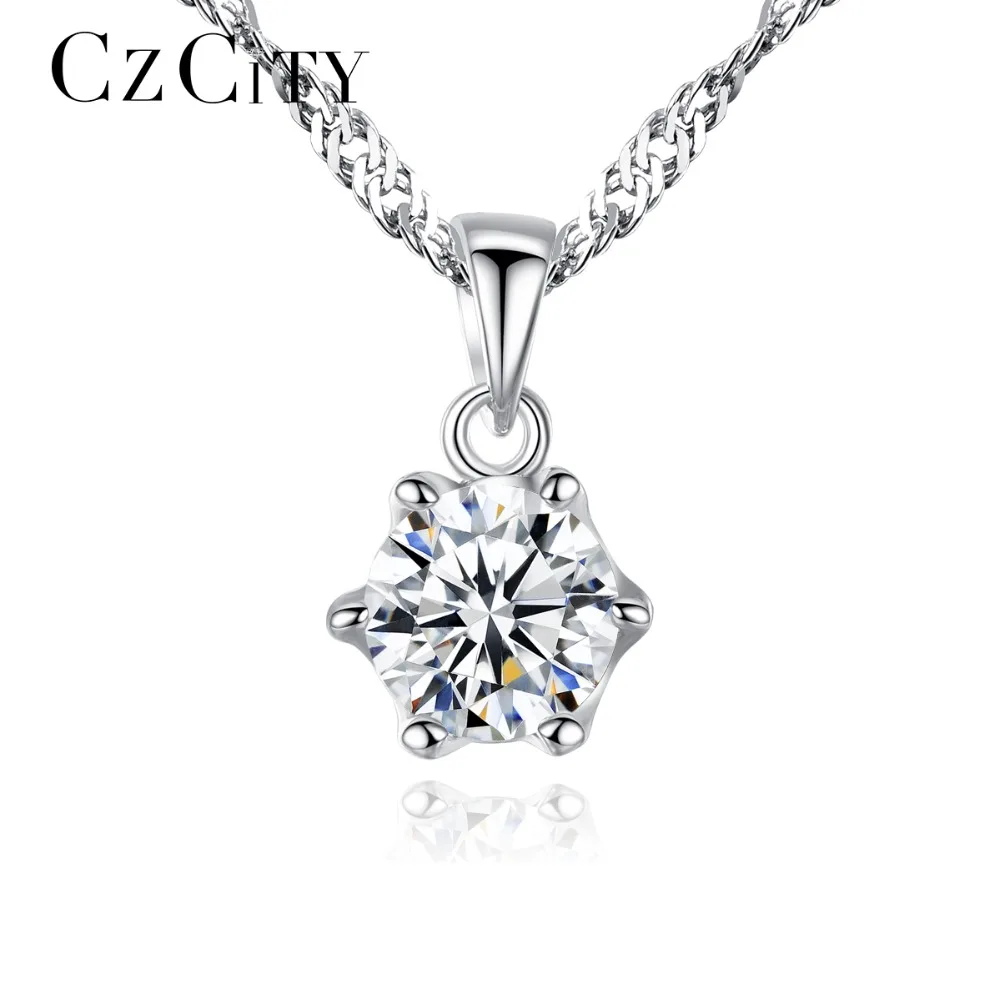 

CZCITY Brand Simple Style Classic 1 Carat Cubic Zirconia Shiny Women 925 Silver Pendant Necklace Water Wave Chain Necklace Gift