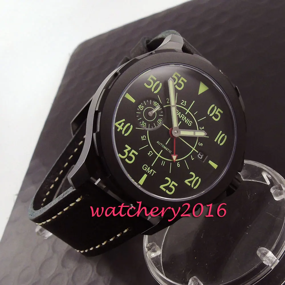 

44mm Parins black dial black PVD case green numbers Luminous hands Date GMT automatic Movement Men's watch