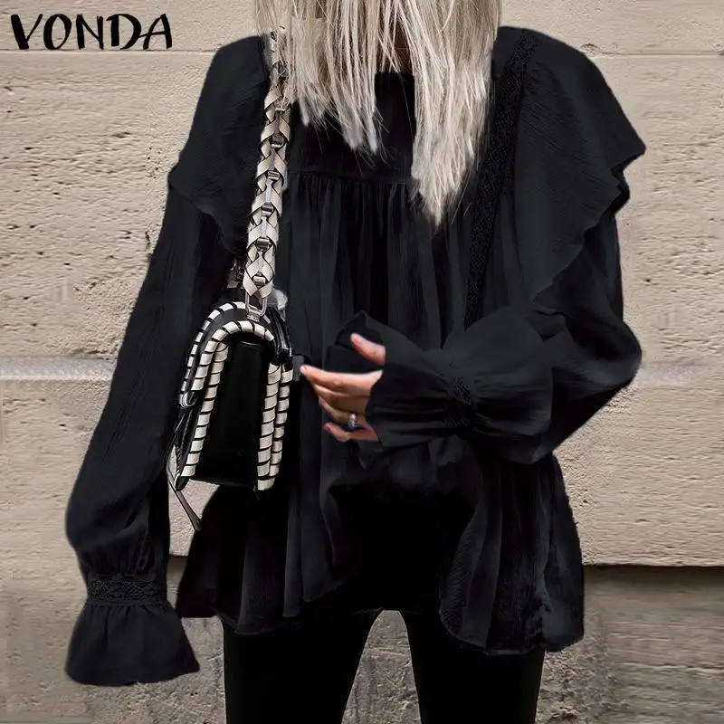 

VONDA Women's Vintage Overalls Blouse 2019 Summer Blusas Beach Tops Sexy Shirts Elegant Bell Sleeve Loose Night Party Tunic Plus
