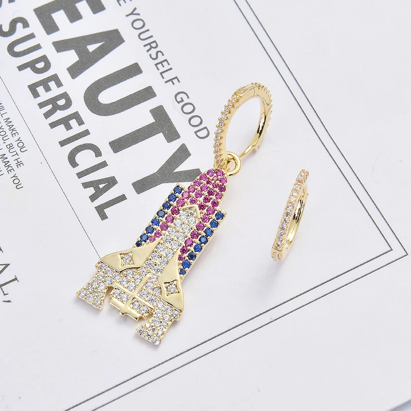 Zhijia new colorful creative crystal rhinestone asymmetric rocket design stud earrings for women party gifts
