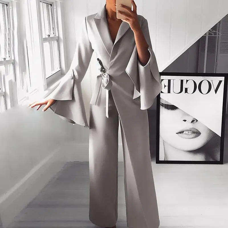 

2019 Spring Irregular Flared Sleeve Wide Leg Jumpsuit Lace Up Formal Style Knot Side Long Jumpsuits