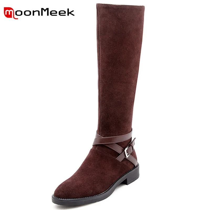 

MoonMeek fashion 2020 autumn winter long boots woman casual low heel knee high boots hot sale cow suede leather ladies boots