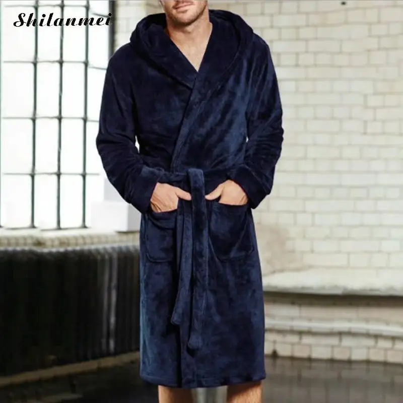 Зимний мужской роскошный халат, мужской теплый Шелковый фланелевый длинный халат кимоно, банный халат, домашняя одежда, мужской ночной халат, халаты - Цвет: blue