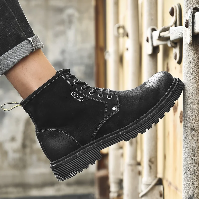 

Vintage Fashion Men's Chelsea Boots Autumn Winter Cowhide Leisure Shoes Round Toe Split Leather Ankle Boot Lace-up Work Shoes