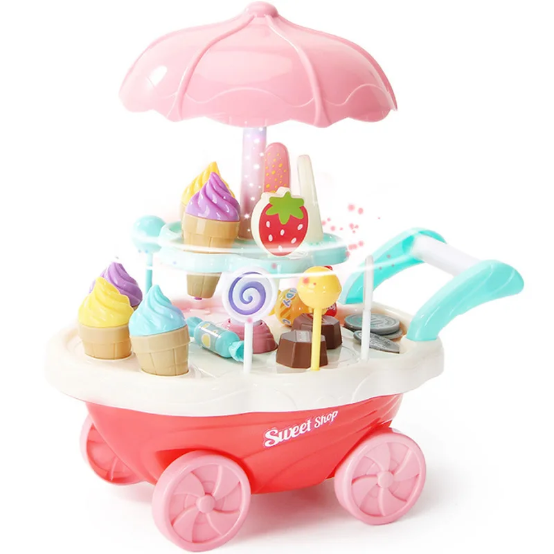 

Mini Sweet Cart 30pcs Pretend Play Ice Cream Cart with Light and Music Rotatable Candy Cart Supermarket Children 's Toys