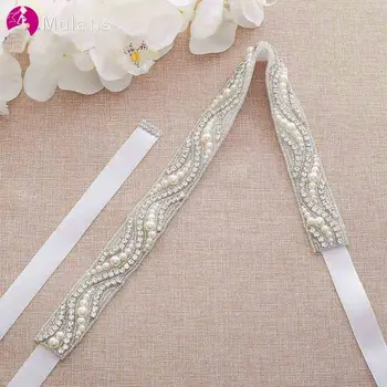 

MOLANS Pearl Chain Inlaid Drill Bride Belts for Wedding Dress Sash Striped Pattern with Satin Bow Girdle for Gown Cummerbunds