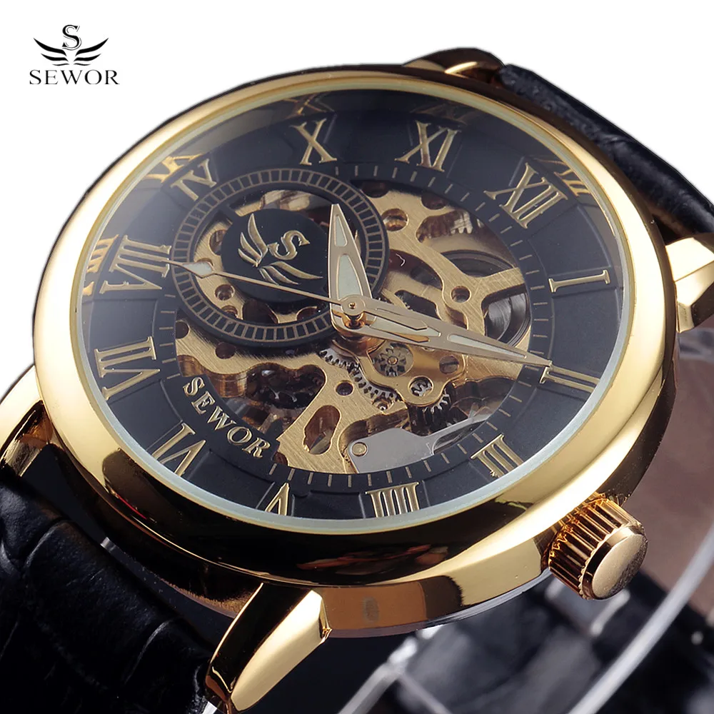 

SEWOR 3d Logo Design Luminous Hollow Engraving Black Gold Case Leather Skeleton Mechanical Watches Men Luxury Heren Horloge