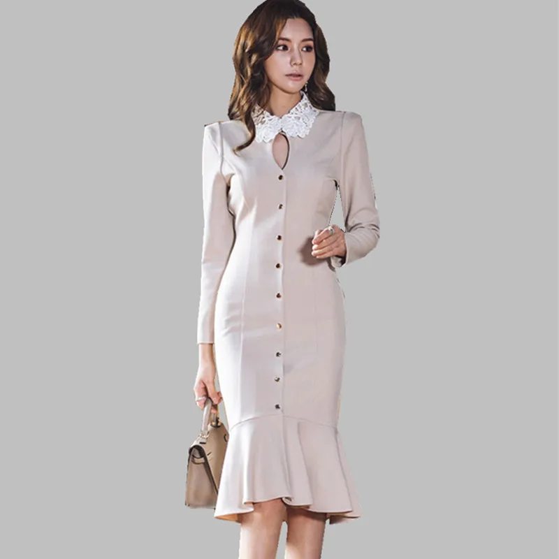 

HAMALIEL Women Bodycon Mermaid Dress 2019 Spring Single Breasted Lace Patchwork Sheath Dress Fashion Slim Hollow Out OL Dress