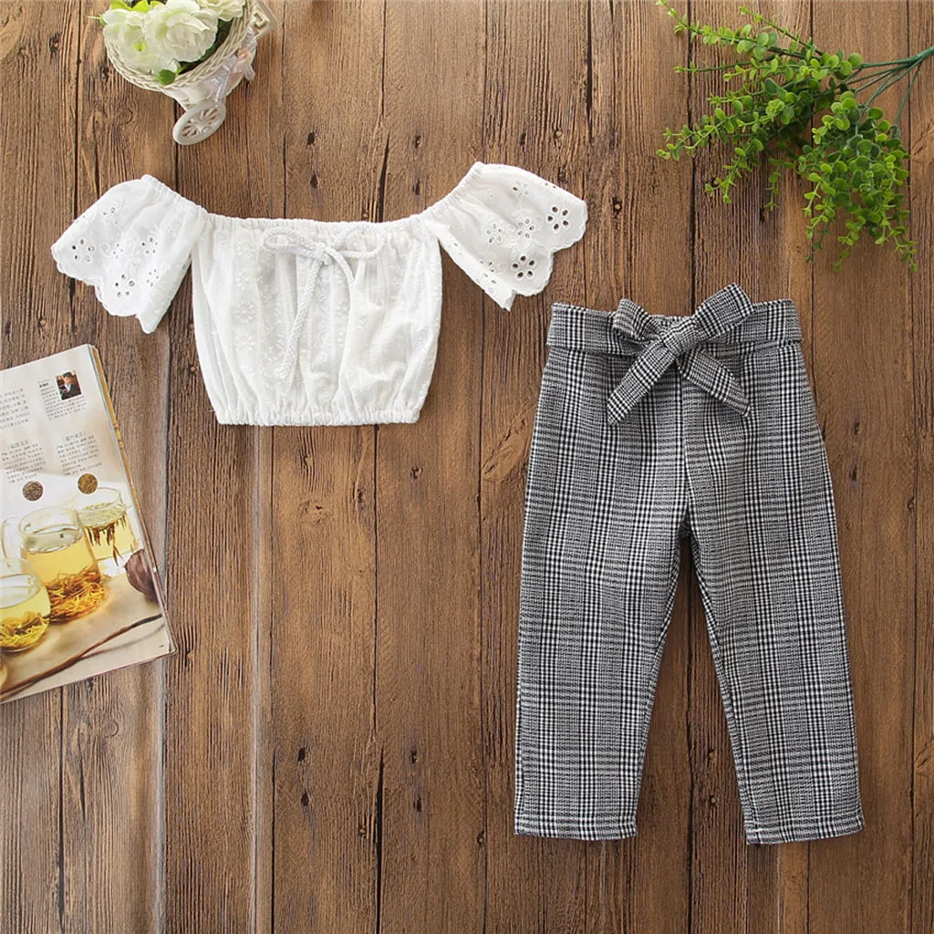 

CHAMSGEND Toddler Kids Baby Girls Outfits Clothes Cotton Blend Off Shoulder Tops+Plaid Long Fashion Pants Set 19MAR15 P30