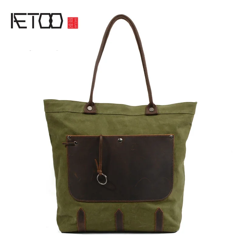 

AETOO New Korean casual handbag canvas shoulder bag large-capacity bag Tote bag cow leather shopping bag
