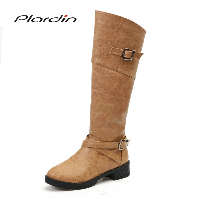

Plardin New plus size 35-43 Fashion Leisure Woman Winter Knee-High Buckle Boots Women Shoes Zipper Square Heel Woman Snow Boots
