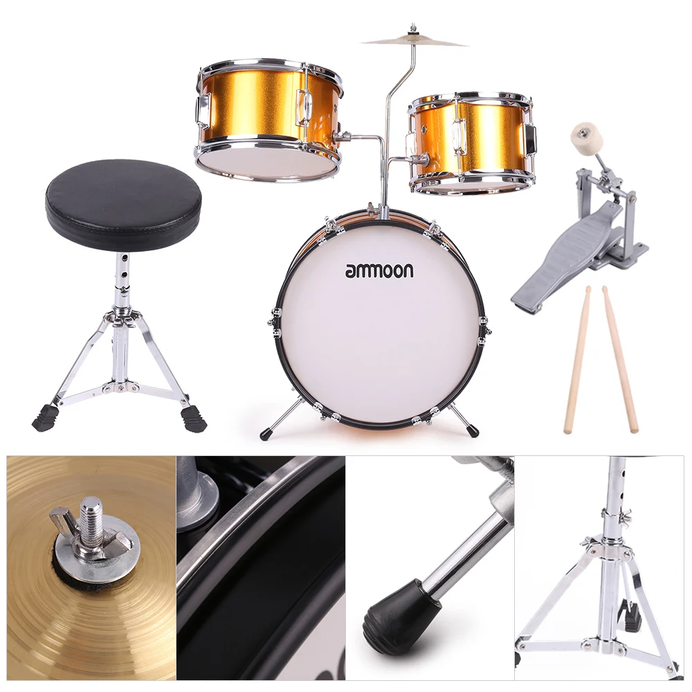 Ammoon 3-Piece Drum Kit Дети Junior Drum Set ударный музыкальный инструмент с тарелки барабанные палочки регулируемый стул