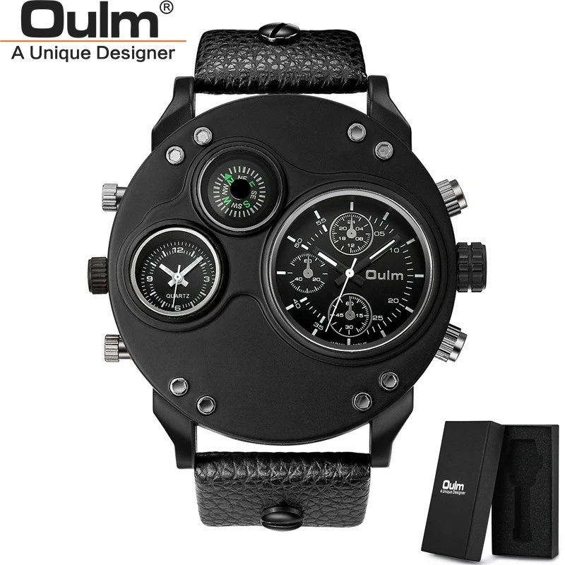 

Oulm Unique Men's Watches Two Time Zone Quartz Wristwatch 3D Big Face Casual Male Sport Watch relogio masculino