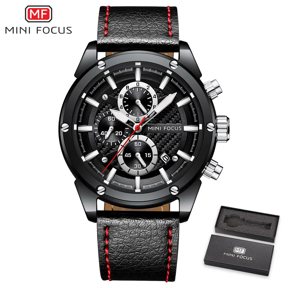 MINIFOCUS кварцевые синие модные бизнес спортивные часы люксовый бренд мужские армейские военные наручные часы мужские повседневные кожаные кварцевые часы - Цвет: Black Black
