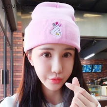 Шапочки Женские с вышивкой милые теплые Корейские вязаные Kawaii Beanie повседневные женские элегантные Мультяшные Девушки Skullies шикарные модные мягкие