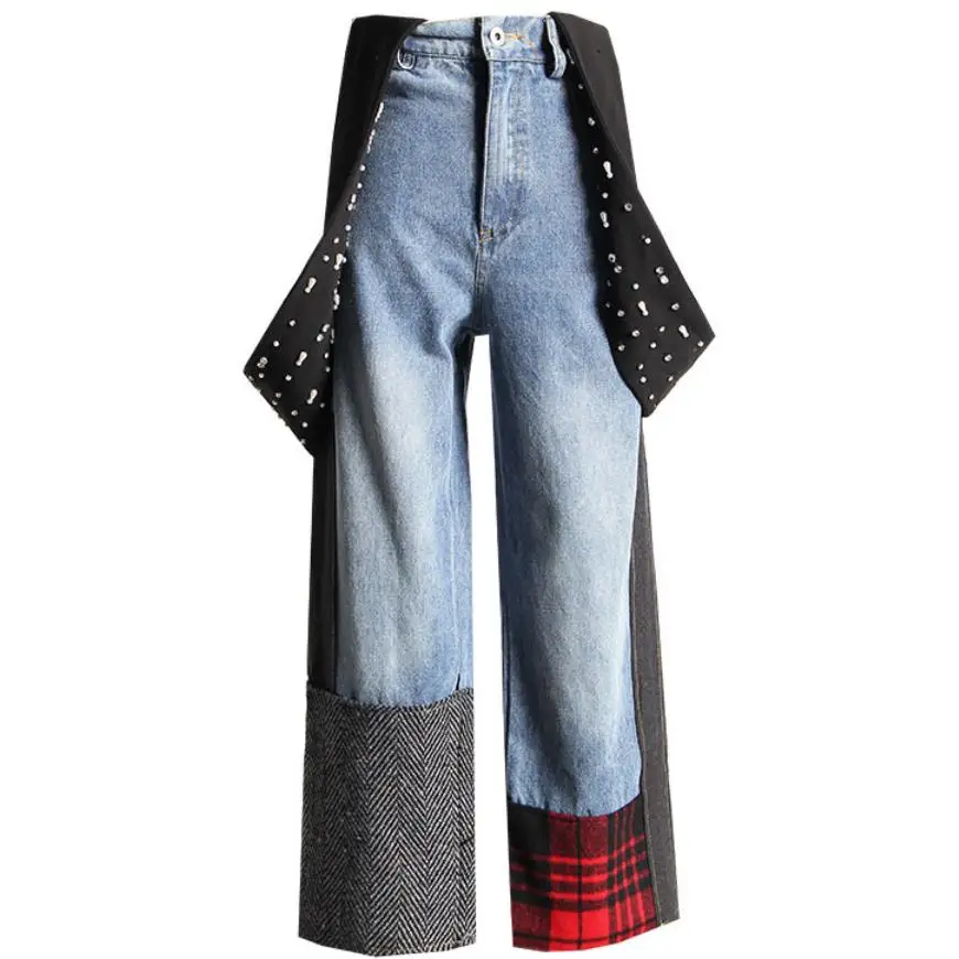 

Winter High Waist Jeans Women Beading Pearl Denim Overalls Patchwork Plaid Loose Laides Wide Leg Jeans