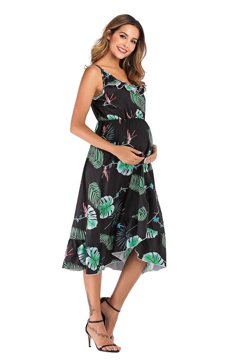 New European and American style ruffled ink deep V sling irregular print loose pregnant dress