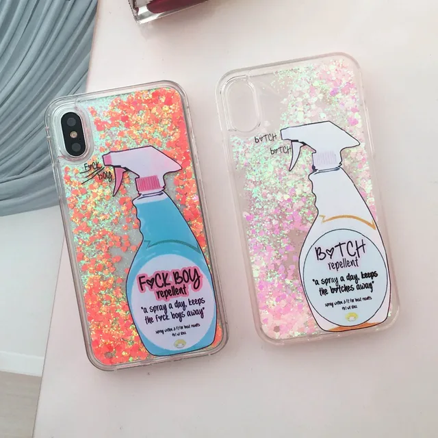 Boy Repellent Spray Bottle Meme Glitter Case for iPhone X XS 8 6 6S 7