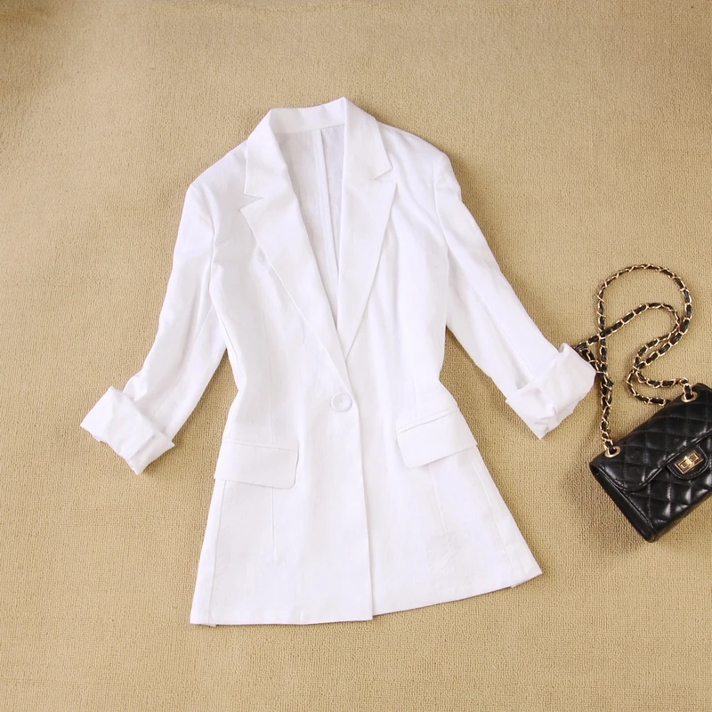 2 sets of women's spring and summer new linen set breathable white long-sleeved suit jacket+ wide leg shorts two-piece