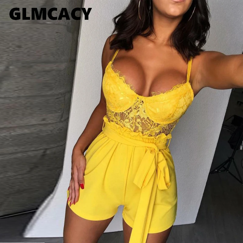 

Women 2019 Summer Elegant Sexy Beach Party Rompers Spaghetti Strap Eyelash Lace Insert Frill Hem Casual Playsuits Streetwear